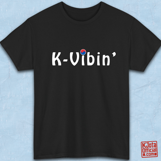 “K-Vibin’” printed on front of black t-shirt flatlay South Korea fandom merch by K-Jota