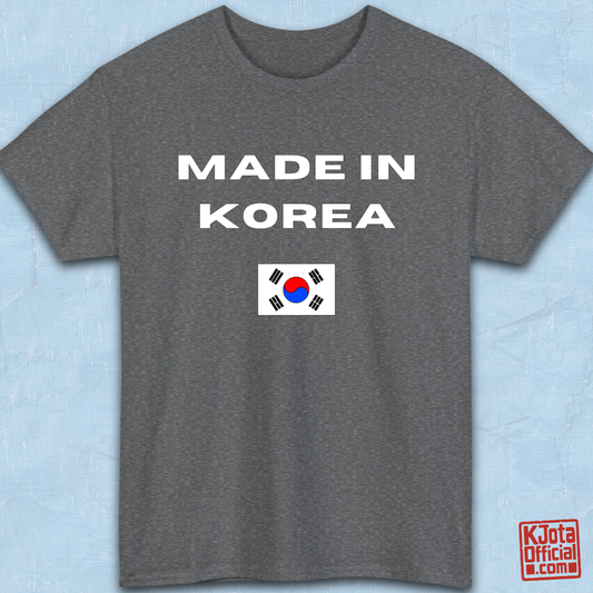 gray t-shirt flatlay with “Made in Korea” text and South Korean flag, K-fandom apparel by K-Jota