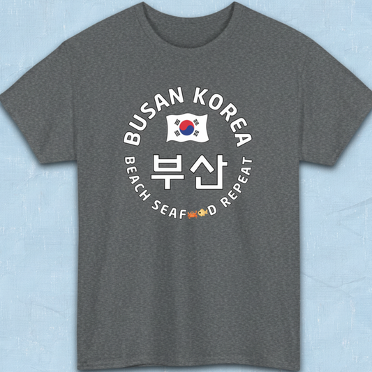 Busan Korea beach seafood repeat travel t-shirt gray flatlay by K-Jota
