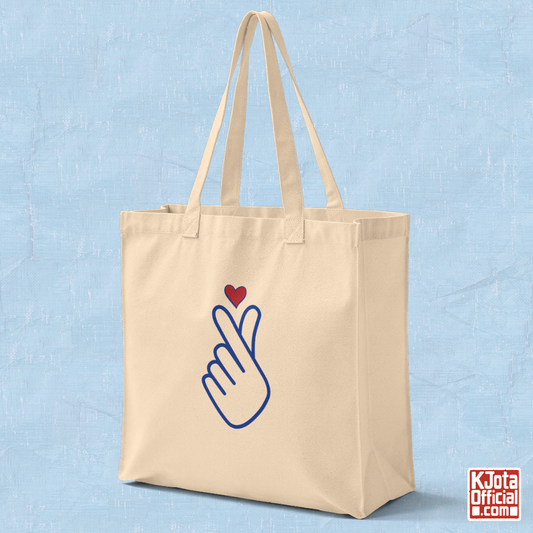 Finger heart Korean saranghaeyo I love you K-pop fan beige canvas tote bag for photocard trading events by K-Jota