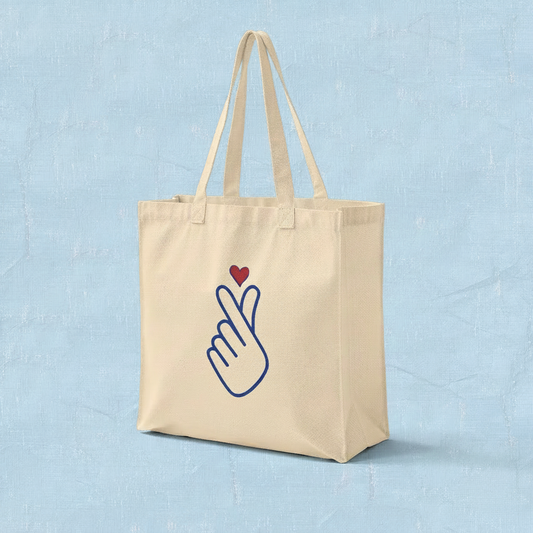 Finger heart Korean saranghaeyo I love you K-pop fan beige canvas tote bag for photocard trading events by K-Jota