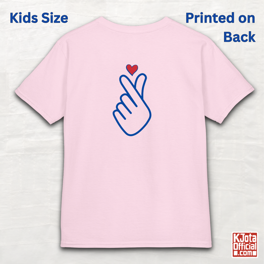 Finger heart Korean saranghaeyo I love you K-pop Hallyu K-wave fan kids t-shirt pink backside flatlay by K-Jota