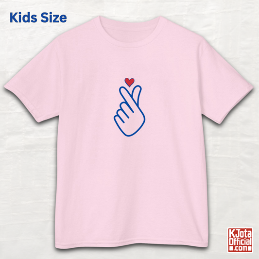 Finger heart Korean saranghaeyo I love you K-pop Hallyu K-wave fan kids t-shirt pink flatlay by K-Jota