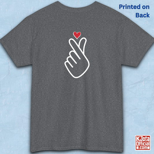 Finger heart Korean saranghaeyo I love you K-pop Hallyu K-wave fan t-shirt gray backside flatlay by K-Jota