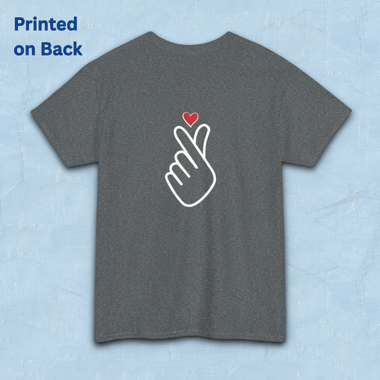 Finger heart Korean saranghaeyo I love you K-pop Hallyu K-wave fan t-shirt gray backside flatlay by Kjota
