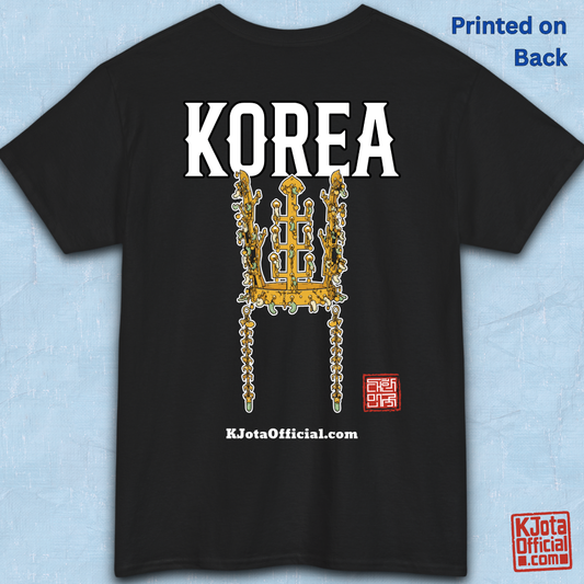 image of gold crown from Korea’s Silla dynasty printed on black t-shirt backside flatlay by K-Jota