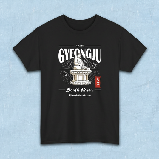 Gyeongju Seokguram Buddha graphic black t-shirt, flat lay product photo, South Korea 57 BCE vintage design by Kjota