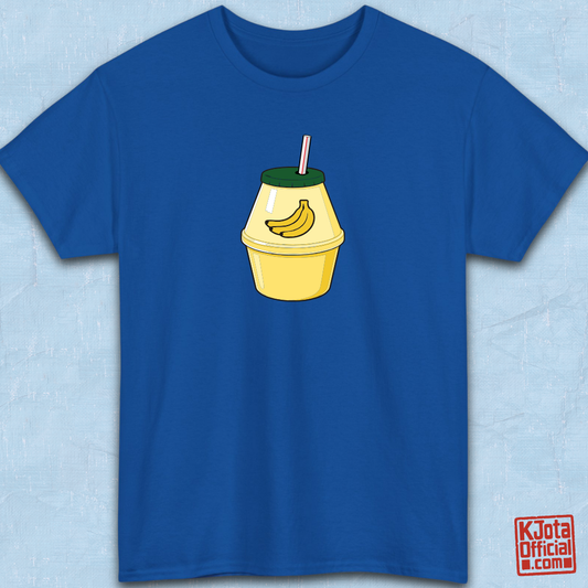 A cartoon illustration of iconic Korean banana milk on blue t-shirt overlay by K-Jota