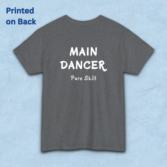 K-pop group member role fan gray t-shirt with “Main dancer Pure Skill” printed on back. K-pop fan cotton tee by Kjota