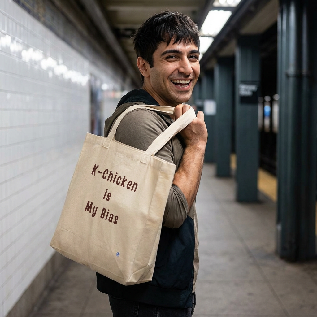 man holding “K-chicken is my bias” Korean fried chicken fan beige canvas tote bag by Kjota