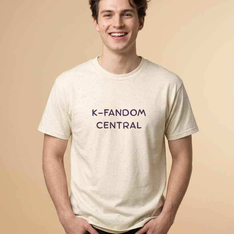 man wearing “K fandom central” Korean wave Hallyu culture fan t-shirt beige by Kjota