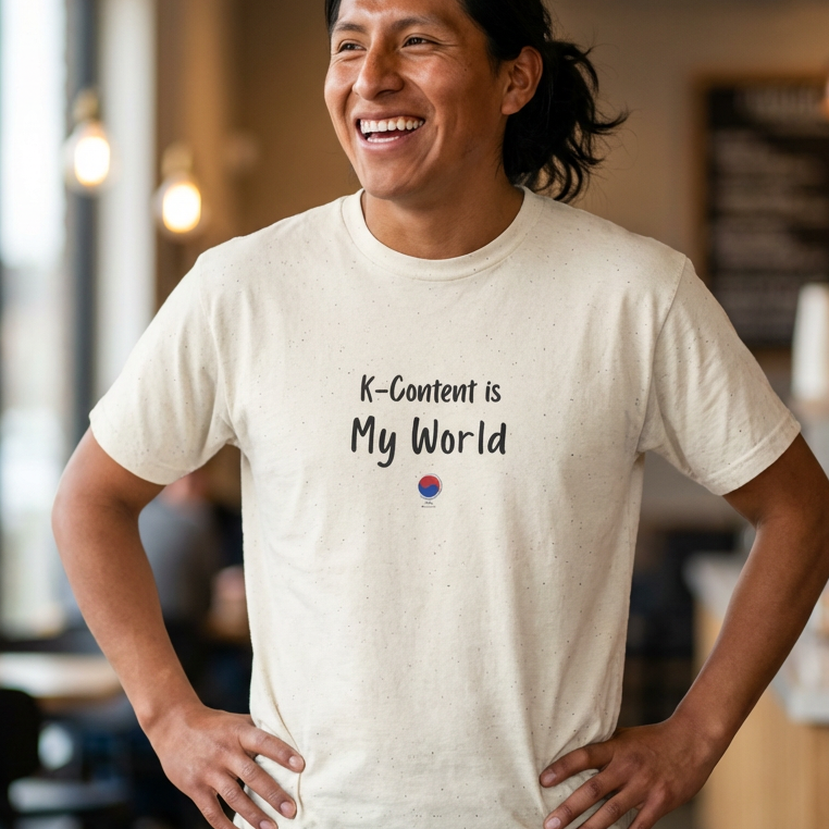 man wearing K-content is my world Korean entertainment Hallyu fan t-shirt beige by Kjota