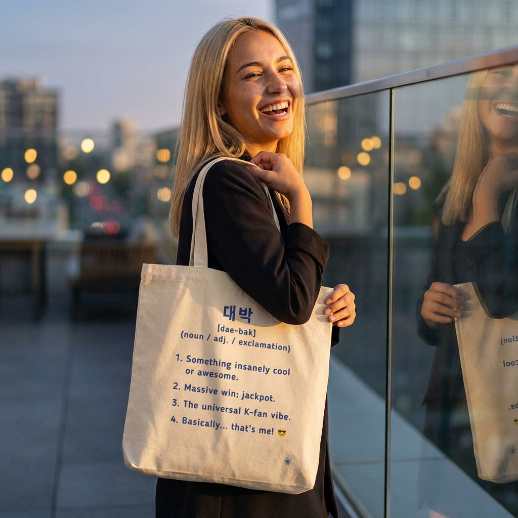 Daebak 대박 Korean slang Hangeul text definition meaning awesome or amazing woman holding beige tote bag by Kjota