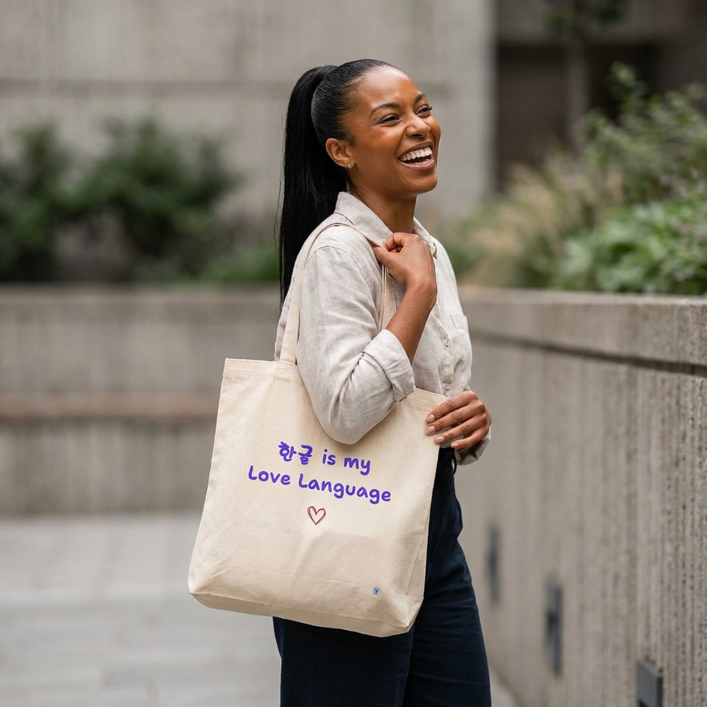 woman holding Hangeul 한글 is my love language Korean language fan beige canvas tote bag by Kjota