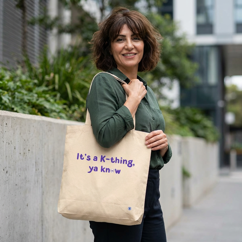 woman holding “It’s a K-thing, Ya Know” Korean culture K-wave 한류 fan canvas tote bag beige by Kjota
