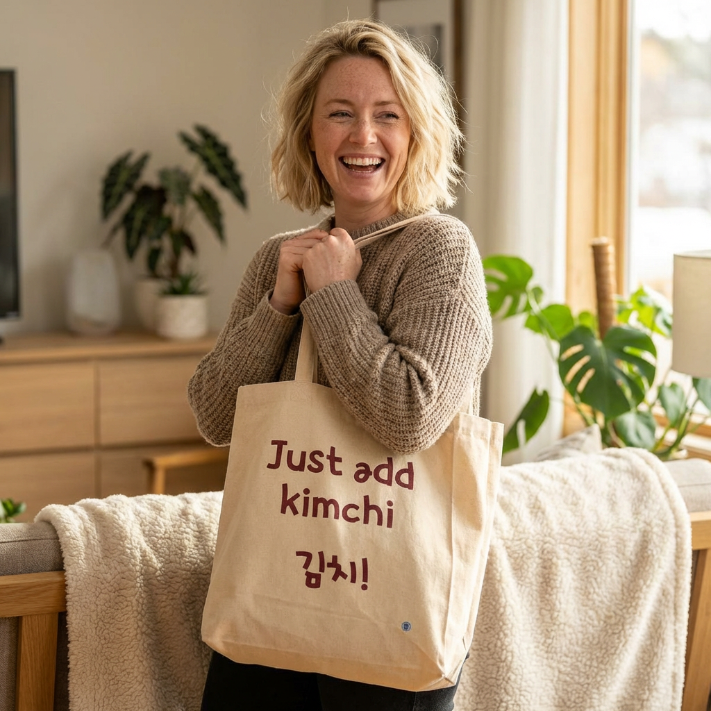 woman holding "Just add kimchi 김치!" Korean superfood fan beige canvas tote bag by Kjota