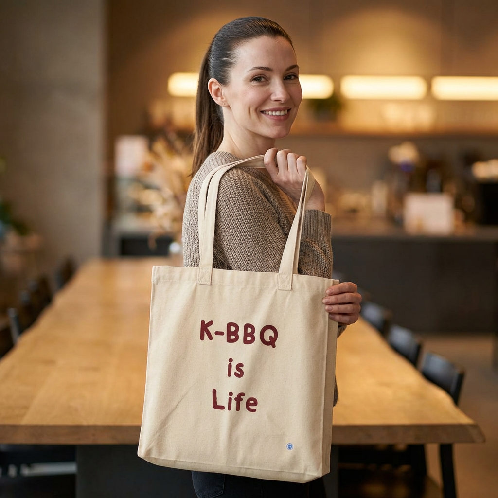 K-BBQ is life for Korean food fans woman holding a beige canvas tote bag by Kjota