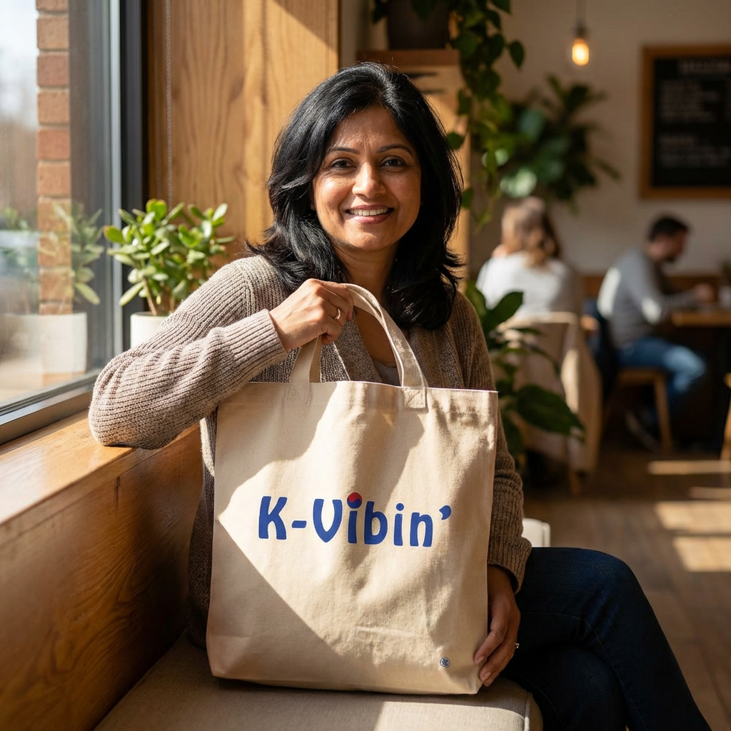 woman holding K-Vibin’ Korean culture fandom wave beige canvas bag by Kjota