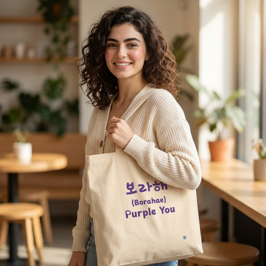 woman holding Purple You 보라해 Borahae BTS Taehyung V fan ARMY canvas tote bag beige for photocard trading events by Kjota