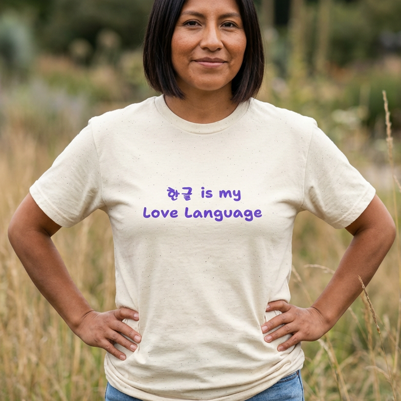 woman wearing “Hangeul 한글 is my Love Language” Hangul Korean language fan beige t-shirt by Kjota