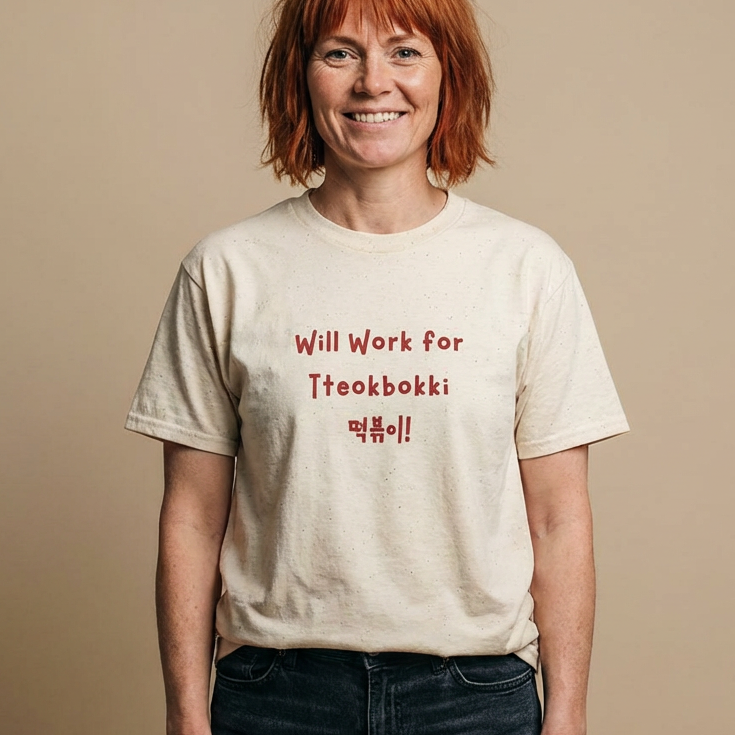 woman wearing “will work for tteokbokki” Korean street food fan beige t-shirt by K-Jota