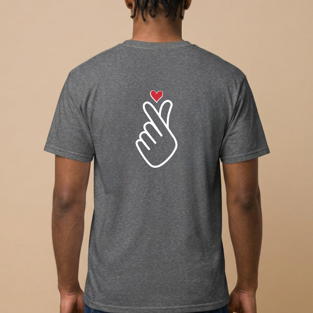 man wearing finger heart Korean saranghaeyo K-pop Hallyu fan t-shirt backside gray by Kjota