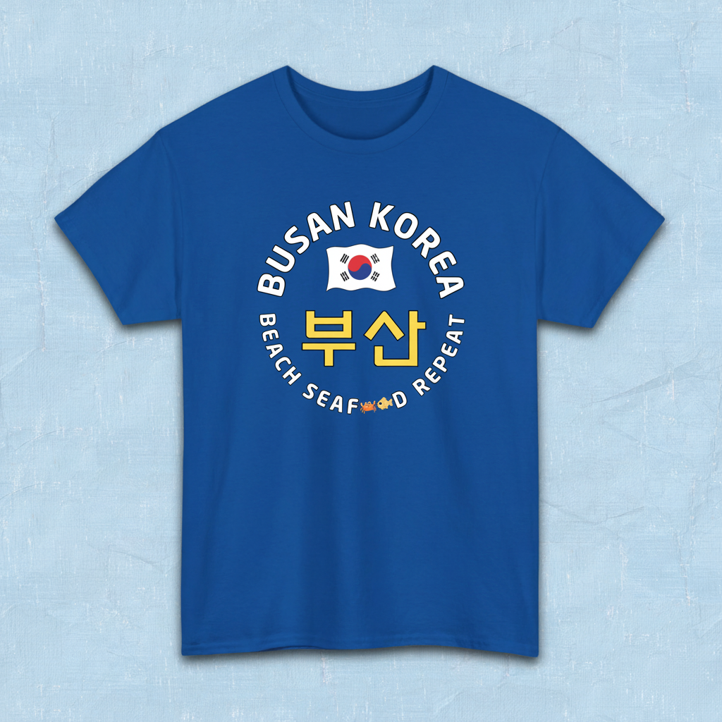 Busan Korea beach seafood repeat travel t-shirt blue flatlay by K-Jota