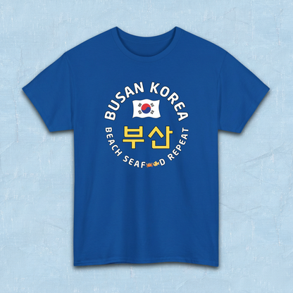 Busan Korea beach seafood repeat travel t-shirt blue flatlay by K-Jota