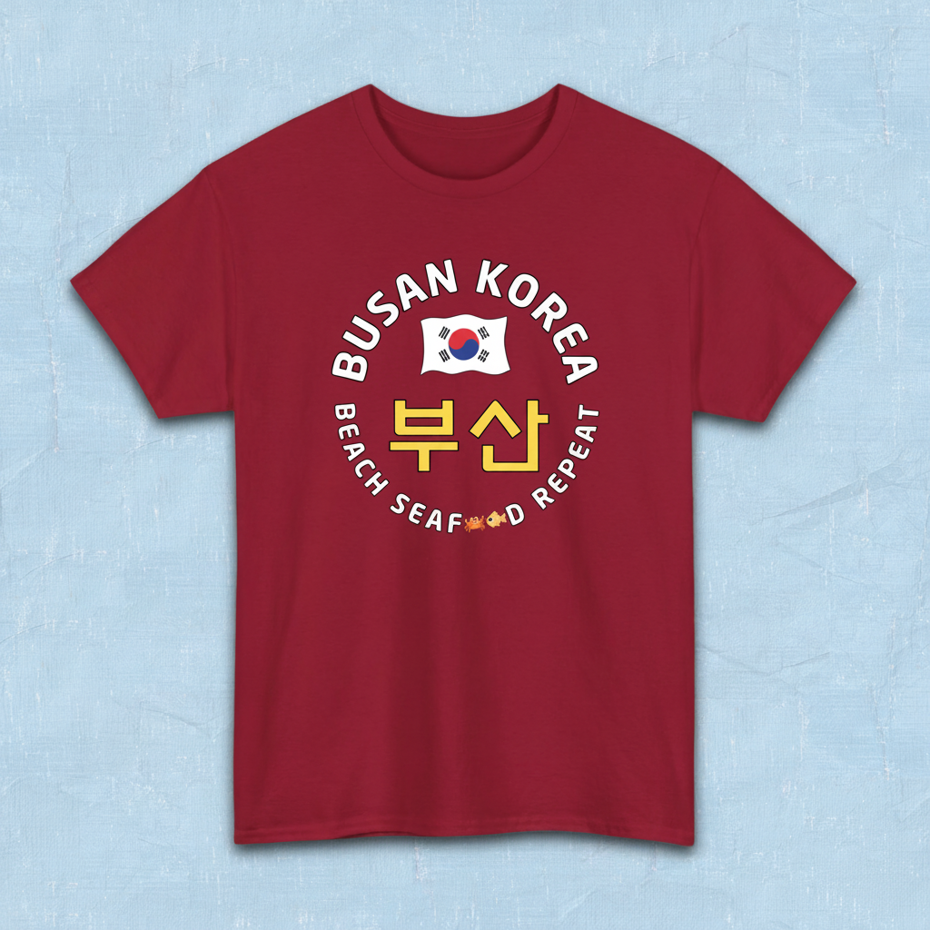 Busan Korea beach seafood repeat travel t-shirt red flatlay by K-Jota