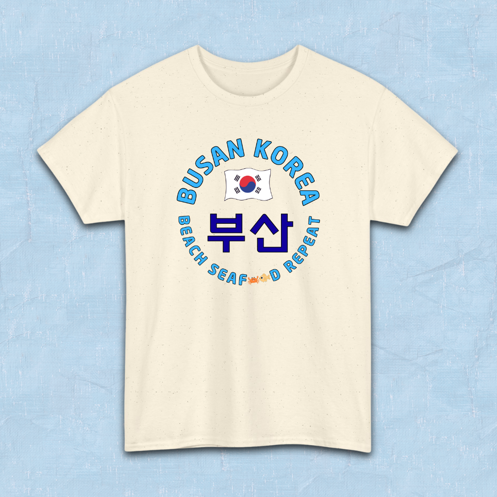 Busan Korea beach seafood repeat travel t-shirt beige flatlay by K-Jota