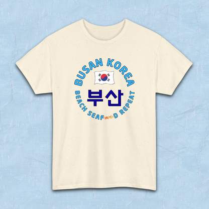 Busan Korea beach seafood repeat travel t-shirt beige flatlay by K-Jota