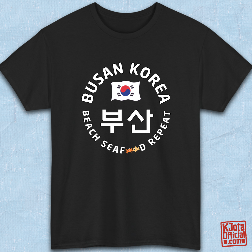 Busan Korea 부산 beach seafood repeat travel t-shirt black flatlay by K-Jota