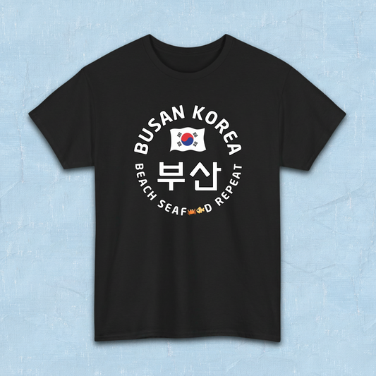 Busan Korea beach seafood repeat travel t-shirt black flatlay by K-Jota