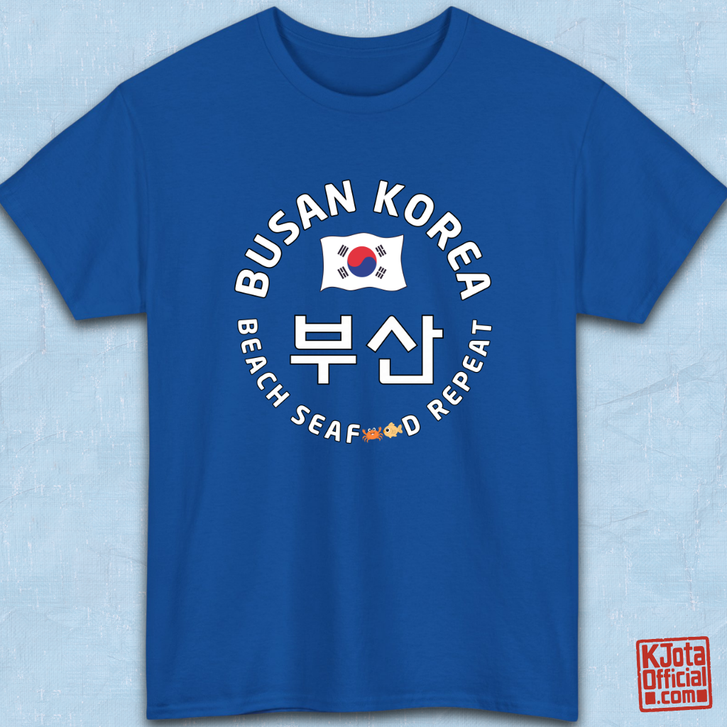 Busan Korea 부산 beach seafood repeat travel t-shirt blue flatlay by K-Jota