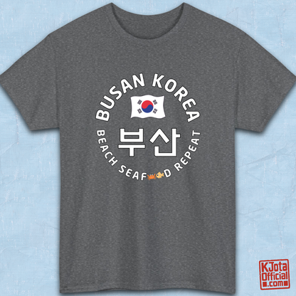 Busan Korea 부산 beach seafood repeat travel t-shirt gray flatlay by K-Jota