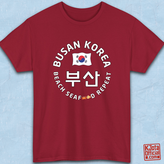 Busan Korea 부산 beach seafood repeat travel t-shirt red flatlay by K-Jota