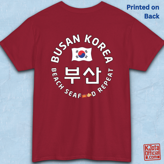Busan Korea 부산 beach seafood repeat travel t-shirt red backside flatlay by K-Jota