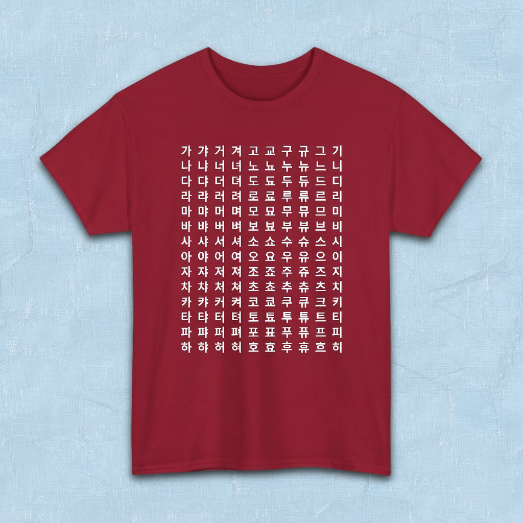 Hangeul alphabet chart featuring Korean consonants and vowels on red t-shirt flatlay by Kjota
