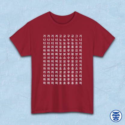Hangeul alphabet chart featuring Korean consonants and vowels on red t-shirt by Kjota
