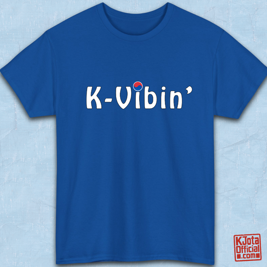 “K-Vibin’” printed on front of blue t-shirt flatlay South Korea fandom merch by K-Jota