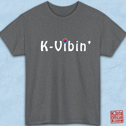 “K-Vibin’” printed on front of gray t-shirt flatlay South Korea fandom merch by K-Jota