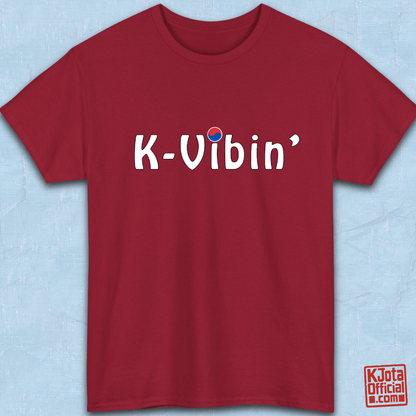 “K-Vibin’” printed on front of red t-shirt flatlay South Korea fandom merch by K-Jota