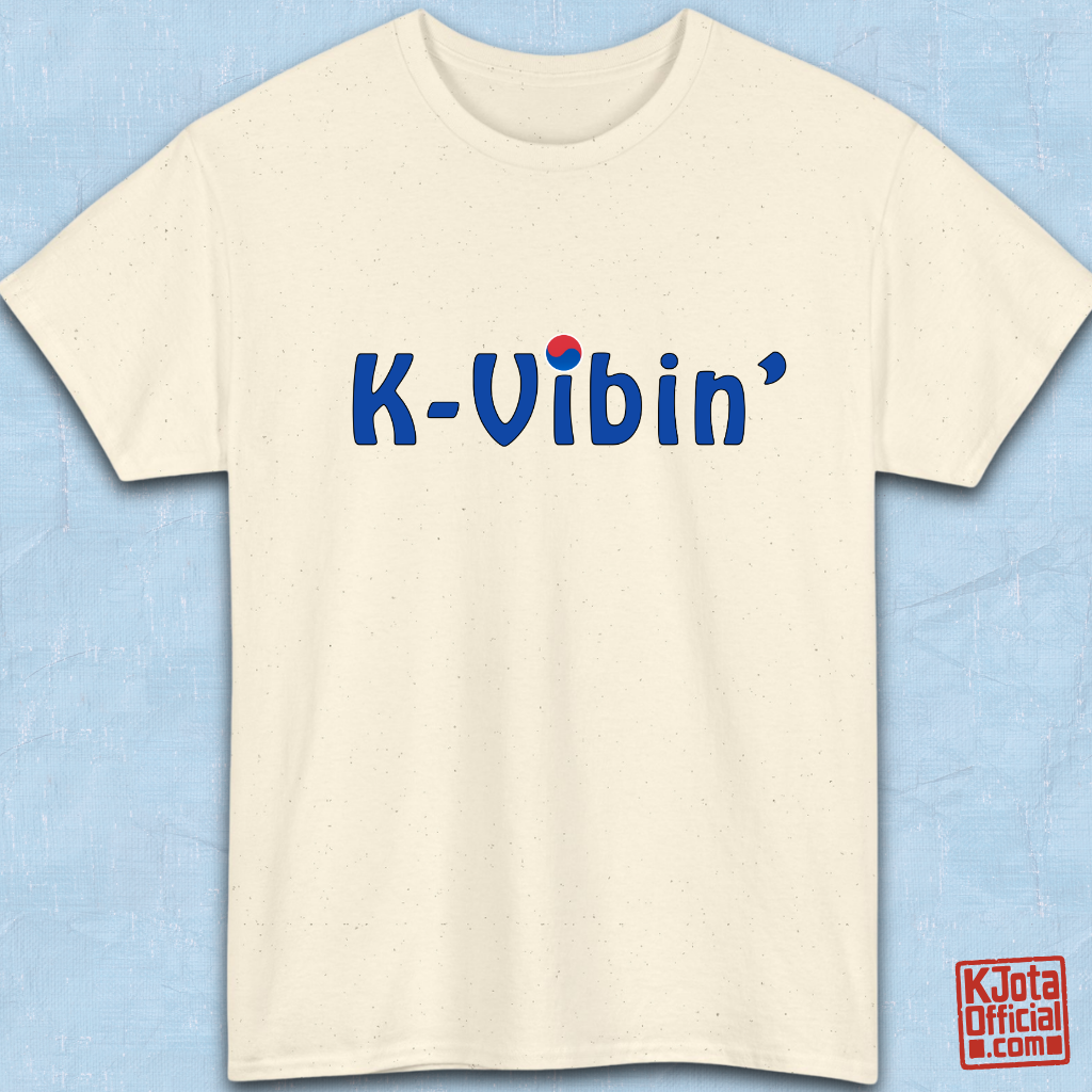 “K-Vibin’” printed on front of beige t-shirt flatlay South Korea fandom merch by K-Jota