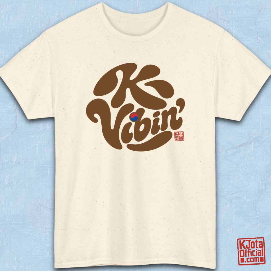 “K-Vibin’” printed on front of beige t-shirt flatlay South Korea fandom merch by K-Jota
