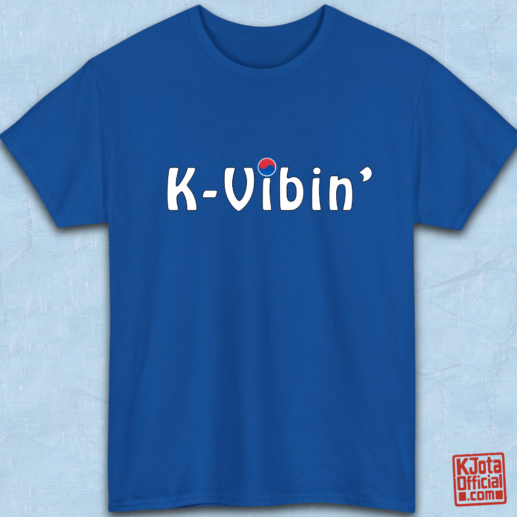 “K-Vibin’” printed on front of blue t-shirt flatlay South Korea fandom merch by K-Jota