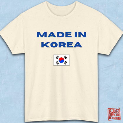 beige t-shirt flatlay with “Made in Korea” text and South Korean flag, K-fandom apparel by K-Jota