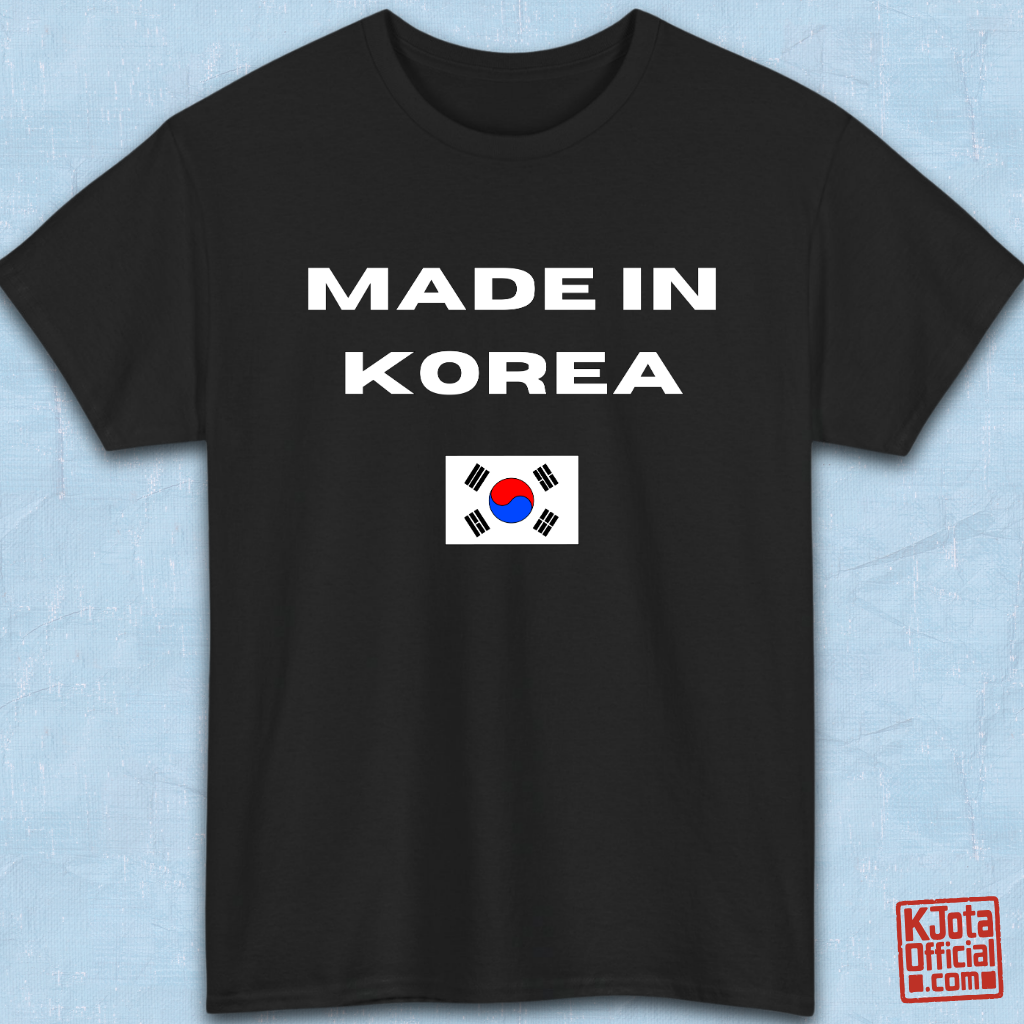 black t-shirt flatlay with “Made in Korea” text and South Korean flag, K-fandom apparel by K-Jota