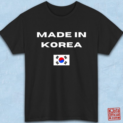 black t-shirt flatlay with “Made in Korea” text and South Korean flag, K-fandom apparel by K-Jota