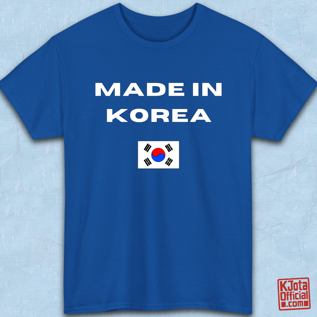 blue t-shirt flatlay with “Made in Korea” text and South Korean flag, K-fandom apparel by K-Jota
