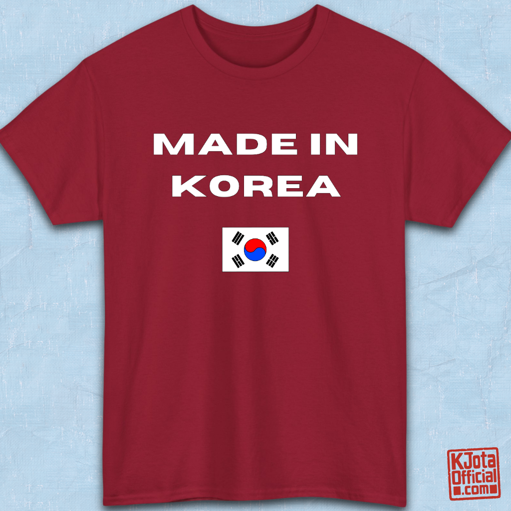 red t-shirt flatlay with “Made in Korea” text and South Korean flag, K-fandom apparel by K-Jota